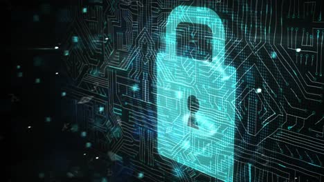 più numeri e lettere che cambiano contro l'icona del lucchetto di sicurezza e le connessioni del microprocessore