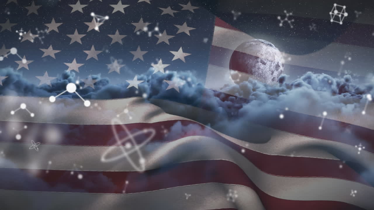 미국  ⁇ 발과 구름진 하늘 위에서 움직이는 분자의 애니메이션