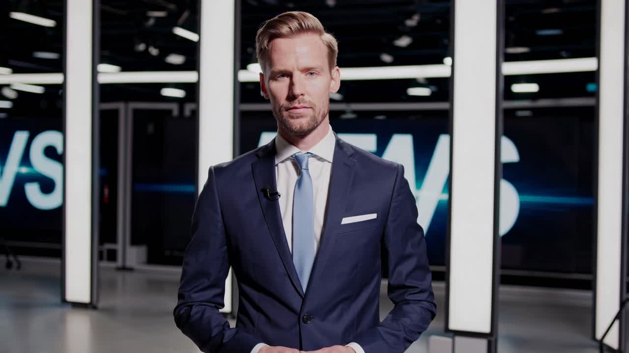 A news anchor in a suit stands confidently in a modern studio