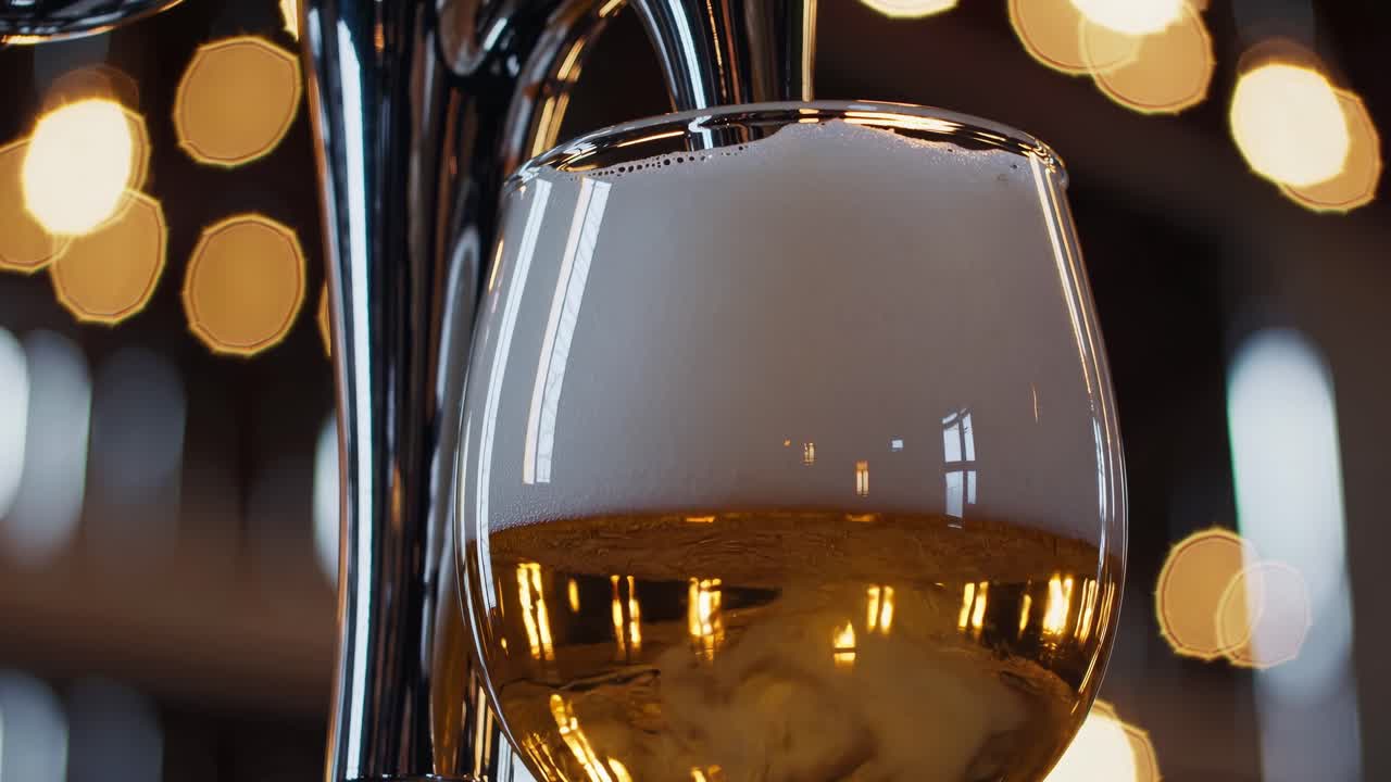 Birra dorata che viene versata dalla spina in un bicchiere con schiuma.