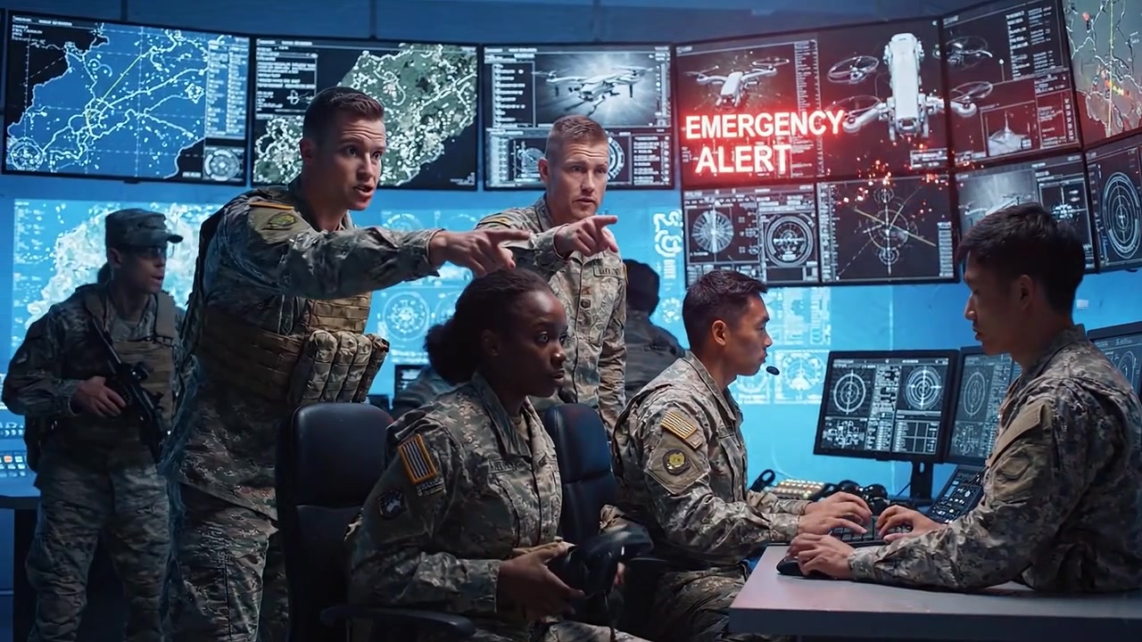 Military Personnel Engaged in High-Tech Operations and Situational Awareness within an Advanced Command and Control Center with Multiple Screens and Equipment