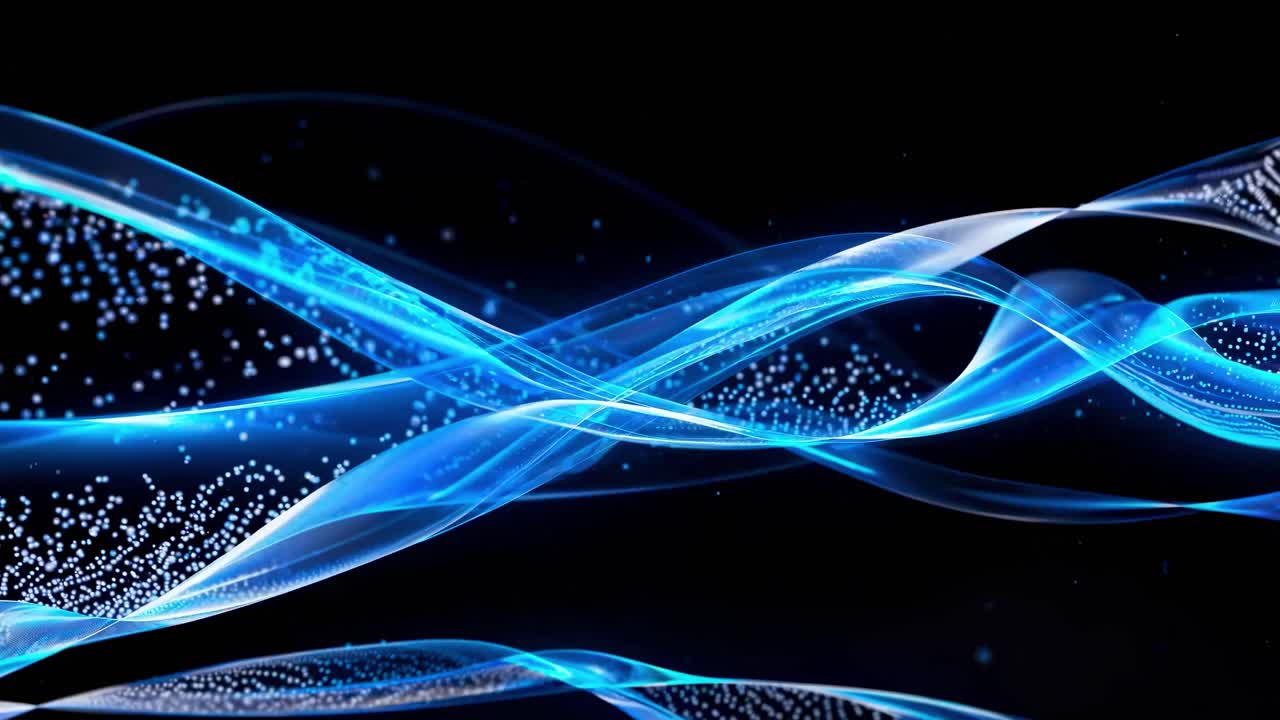 Dynamic video concept with swirling blue light trails and particles, captured from a low-angle