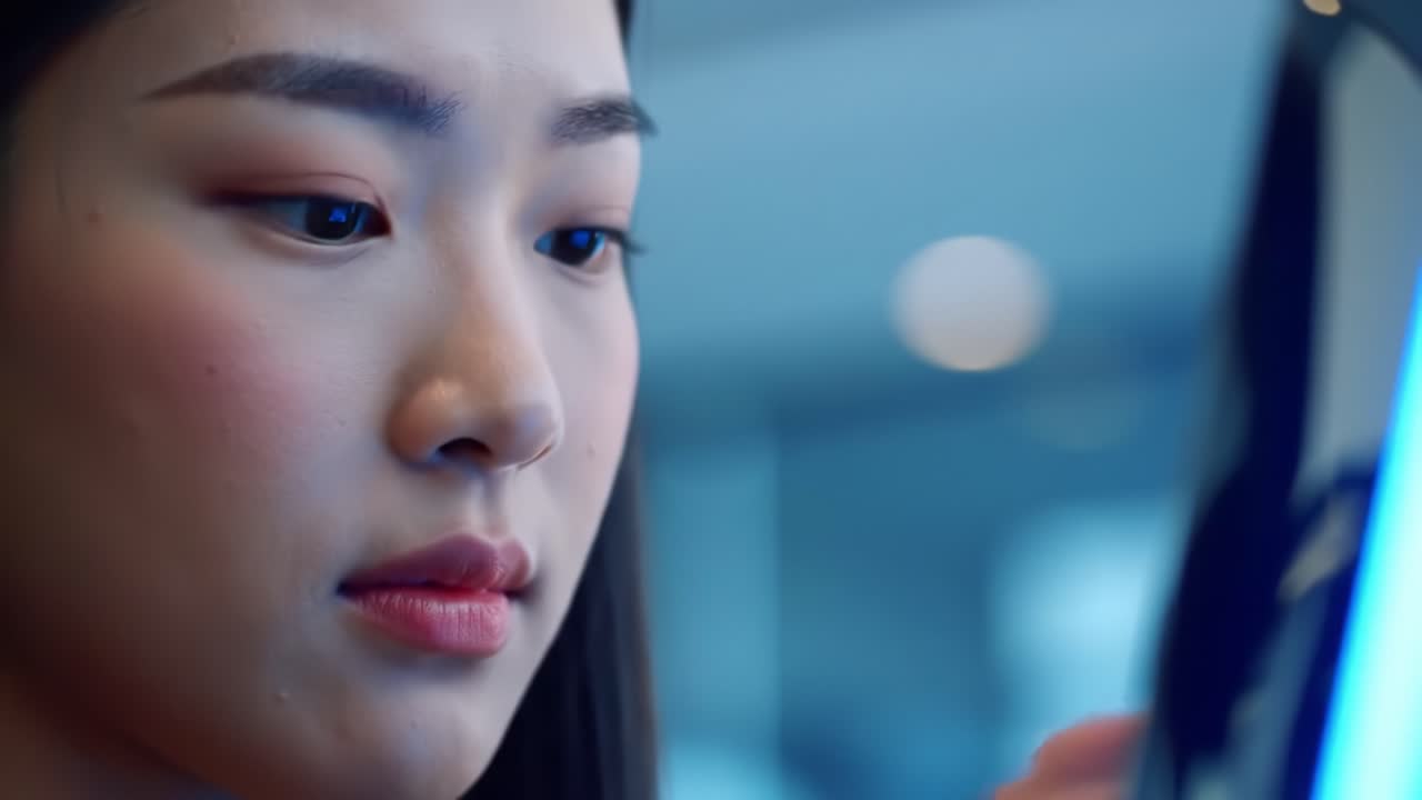 Focused Exploration: A Close-Up of a Young Woman Engaged in an Interactive Digital Experience, Reflecting Concentration and Curiosity in a Modern Setting