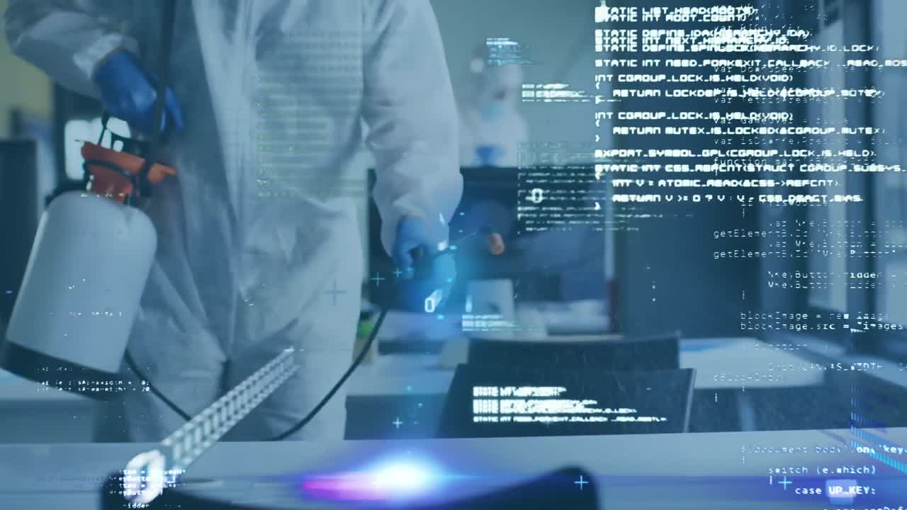 Animation of financial data processing over people wearing safety suits disinfecting office