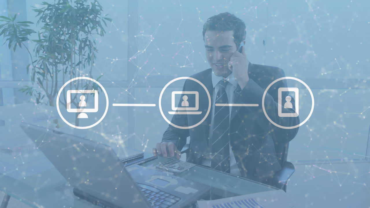 web de iconos de conexiones contra el hombre hablando en un teléfono inteligente