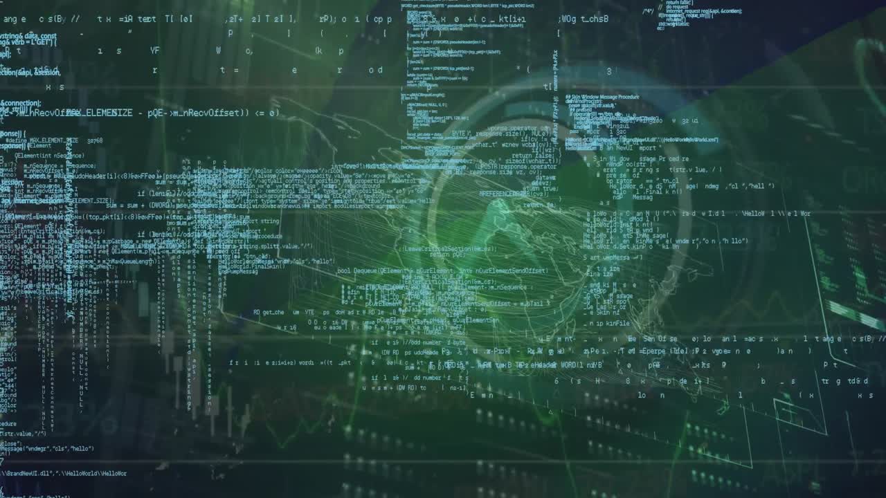 animación del lenguaje de programación sobre globo, gráfico, barras, mapa y reloj digital.