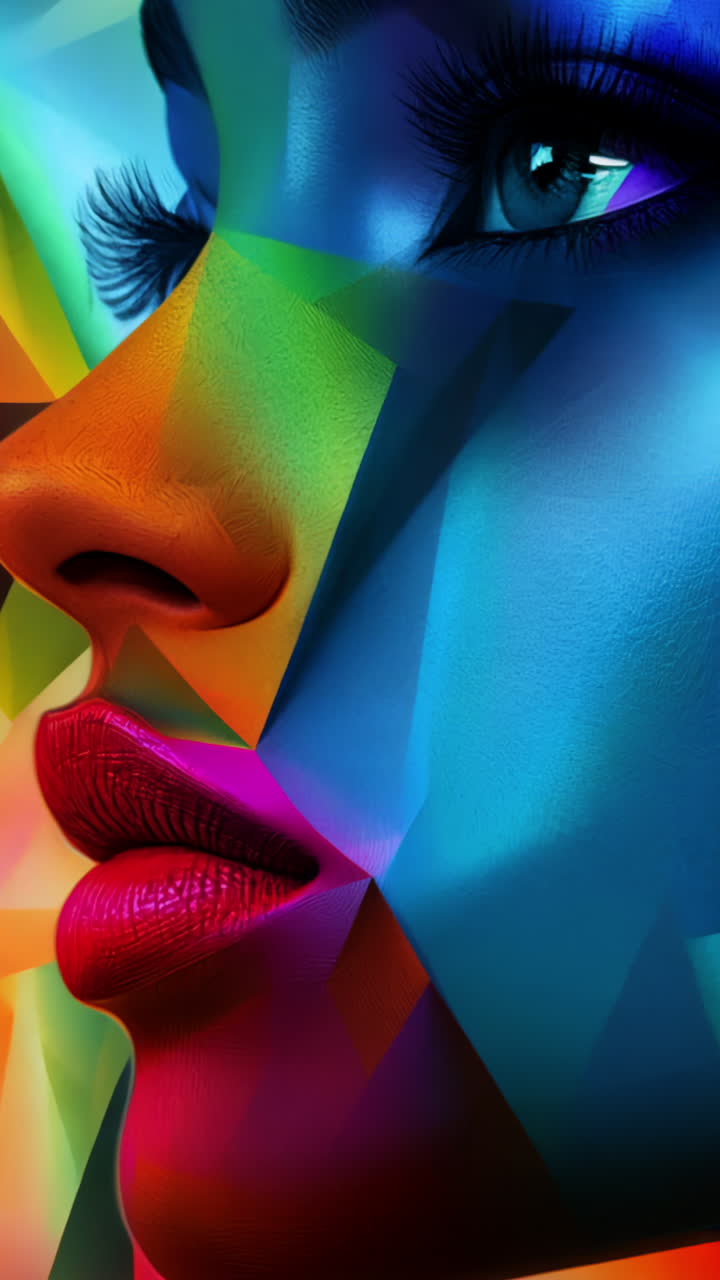 A woman's face is shown in a colorful, abstract style. The colors are bright and vibrant, and the woman's features are emphasized. Concept of energy and creativity, as if the woman is a work of art