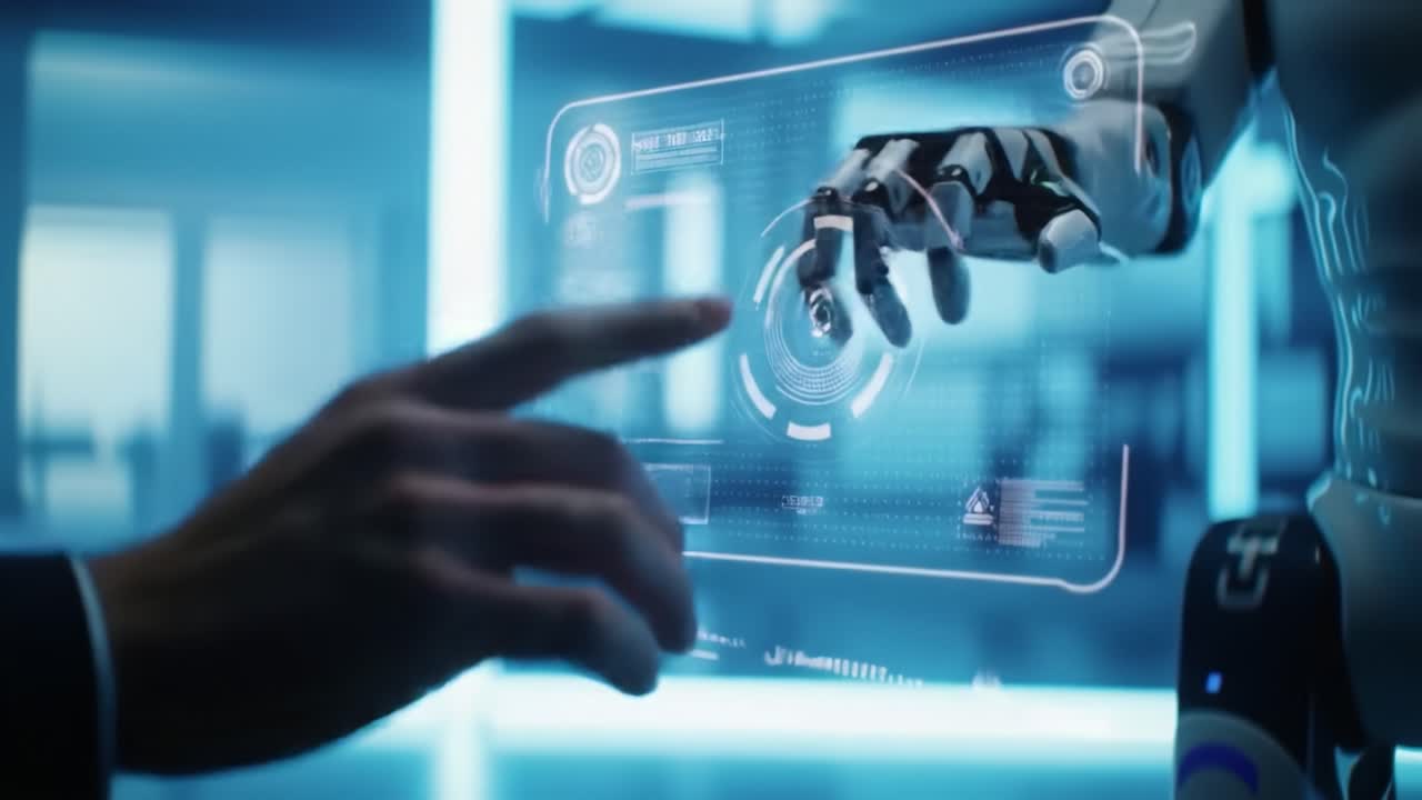 A robotic hand interacts with a glowing display in a sleek, high-tech environment. Delicate movements create an engaging experience with digital interfaces, showcasing innovation in robotics.
