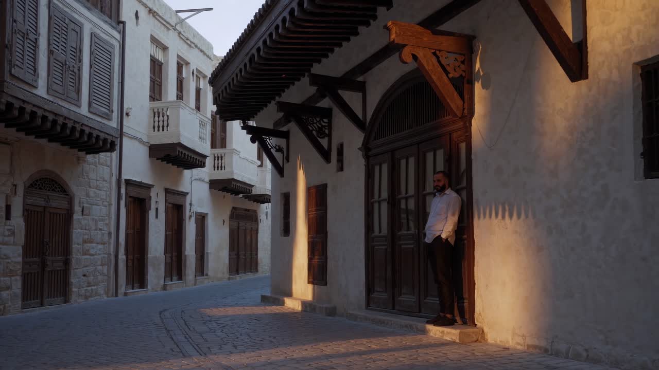 Businessman standing next to the entrance of a renovated traditional building in the historic district of Al Seef in Dubai, enjoying the warm light of the sunrise