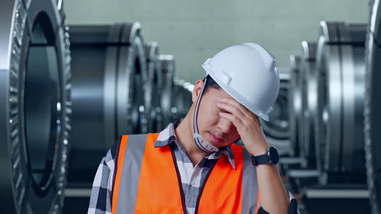 안전 헬을 입은 아시아 남성 엔지니어가 금속 공장에서 일하면서 두통을 고 있습니다.
