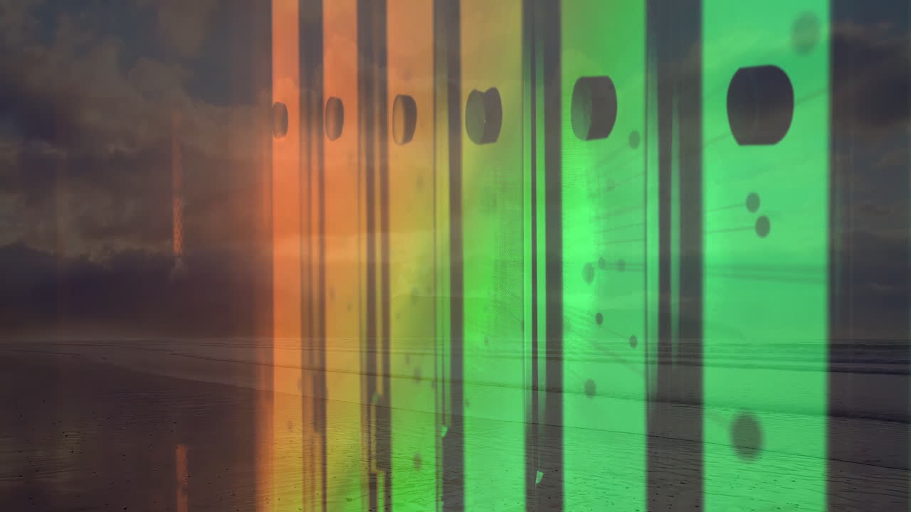 Animation of colorful vertical bars and circles over serene beach at sunset