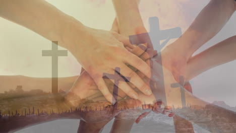 hands joining together over cross symbols animation, symbolizing unity and faith