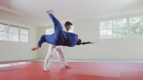 judokas training by doing a randori on the judo mat