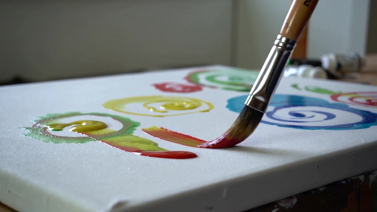 Toccando una macchia di vernice, artista che tiene un pennello e traccia un tratto rosso sulla tela in studio, mescolando.