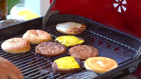 Close-up-of-burger-pattys-with-melted-cheese