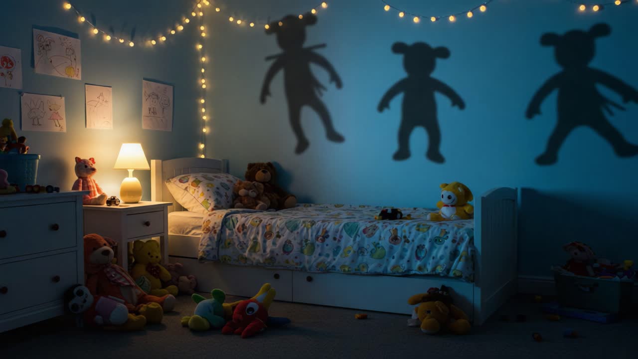 A Cozy Children's Bedroom Featuring Soft Toys and Whimsical Shadows Created by Ambient Lighting, Perfectly Capturing a Playful and Imaginative Atmosphere