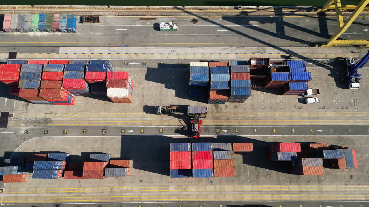High angle drone shot of a forklift unloading a crate at a shipward, sunny day