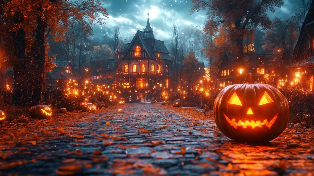 Halloween Village Scene with Jack-o'-Lanterns