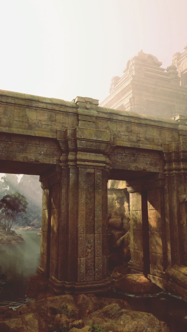 Ancient ruins reveal hidden beauty in a foggy landscape near a river