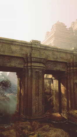 ancient ruins reveal hidden beauty in a foggy landscape near a river