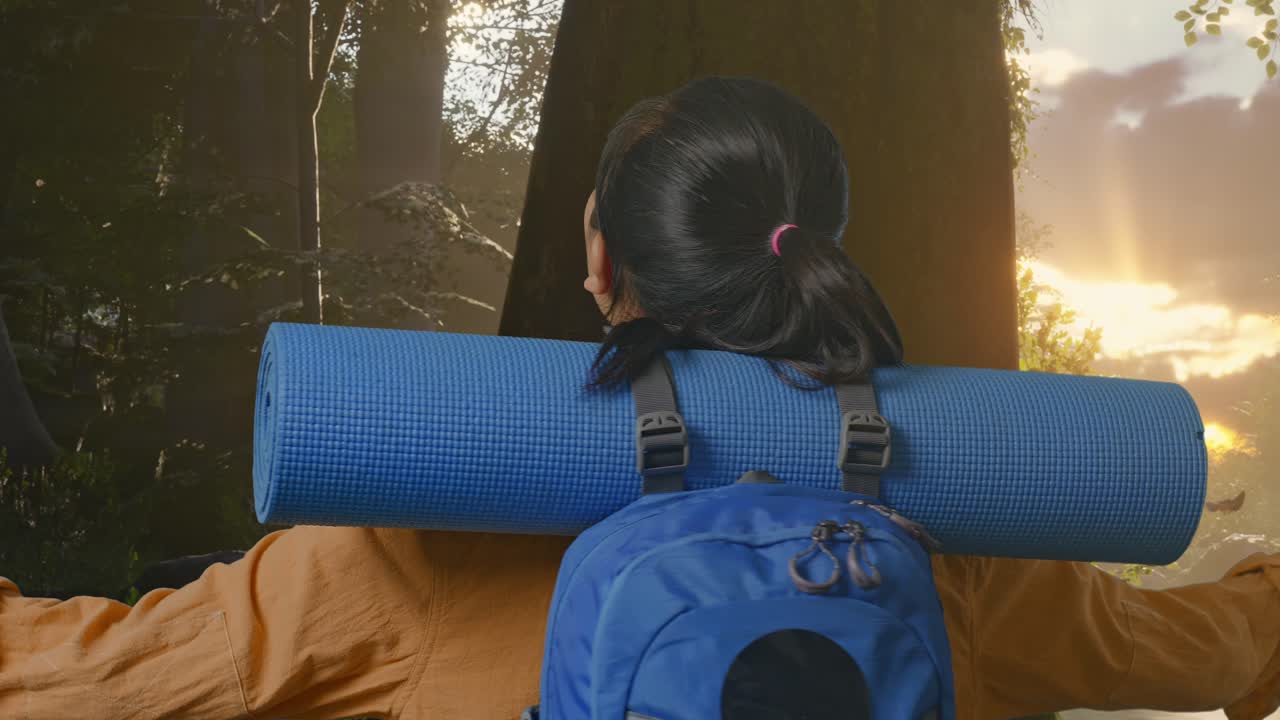 해가 뜨면 숲에서 산책하는 여자