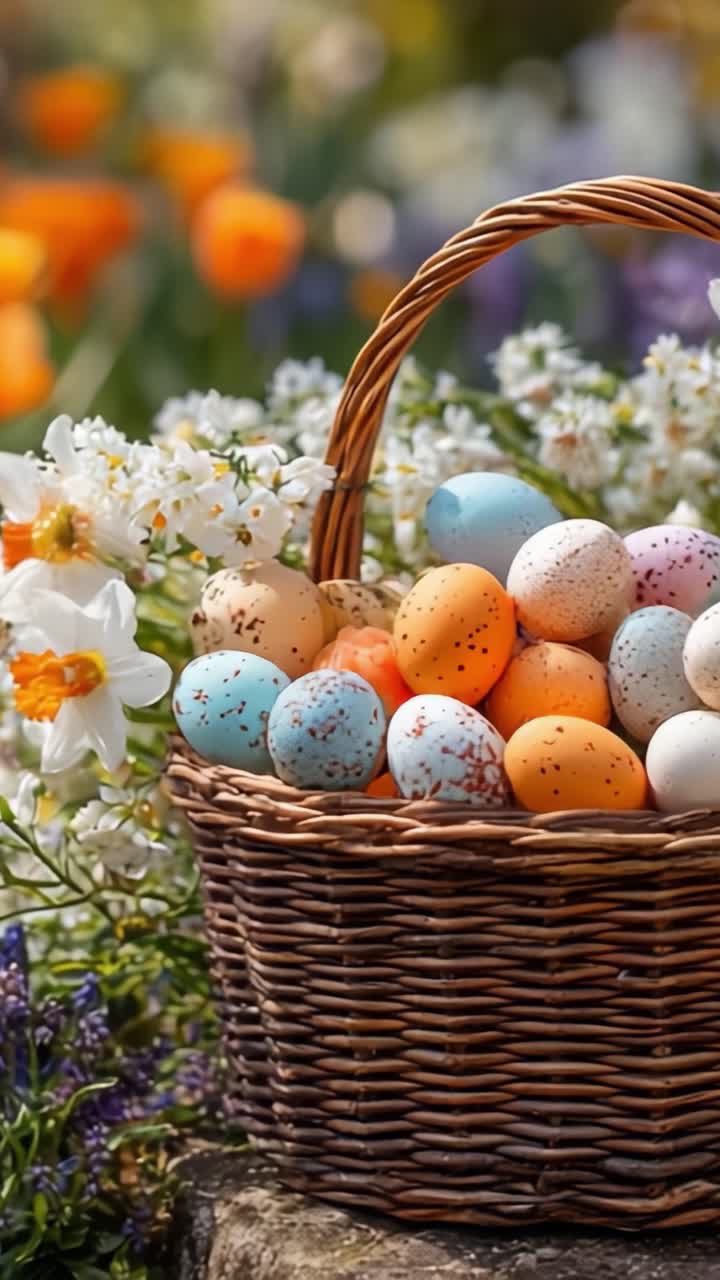 A Beautiful Basket Filled with Colorful Easter Eggs Surrounded by Vibrant Spring Flowers, Perfectly Capturing the Essence of Seasonal Celebrations and Festivities