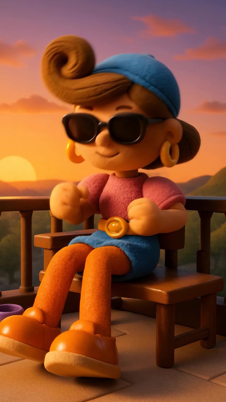 Personaggio dei cartoni animati che si rilassa sul balcone al tramonto
