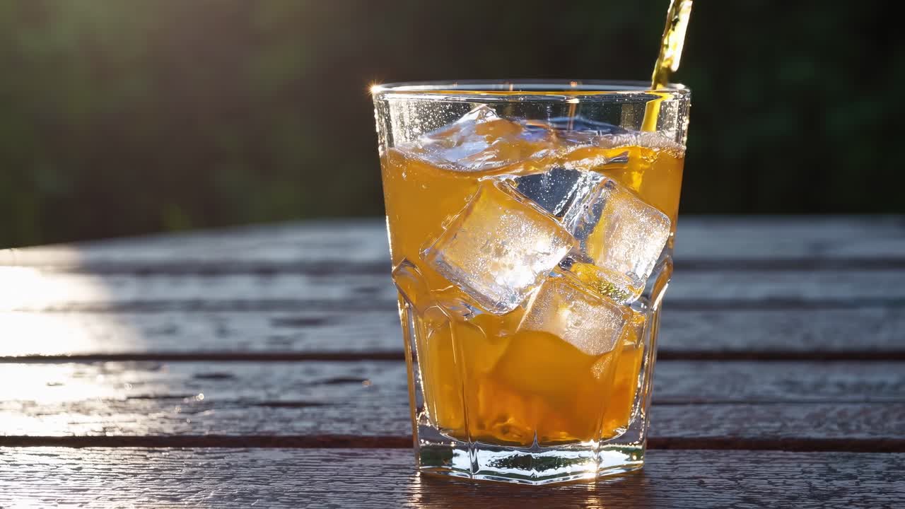 Orange juice is being poured into a glass filled with ice cubes, placed on a wooden table, creating a refreshing summer beverage under the sunlight