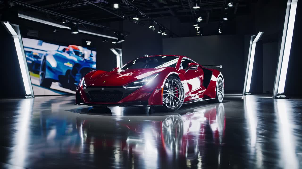 Sleek red sports car in a modern showroom, captured from a low angle