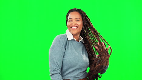 face, hair and happy with a woman on a green