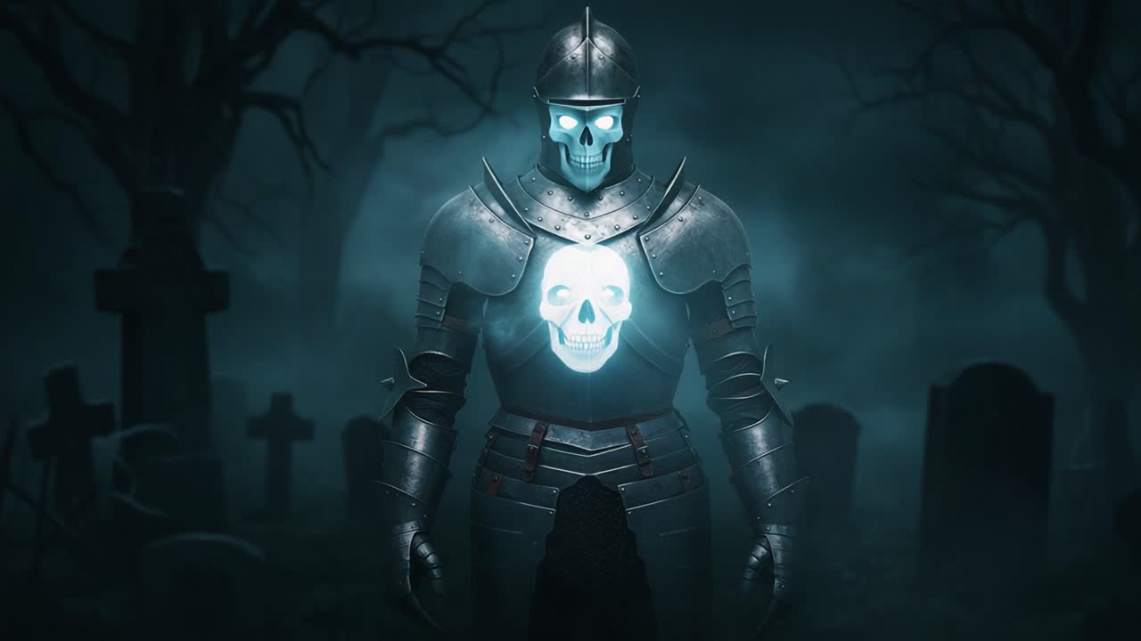A spectral knight emerges from the shadows of a haunted graveyard, embodying both valor and the supernatural in a chilling atmosphere filled with darkness and mystery