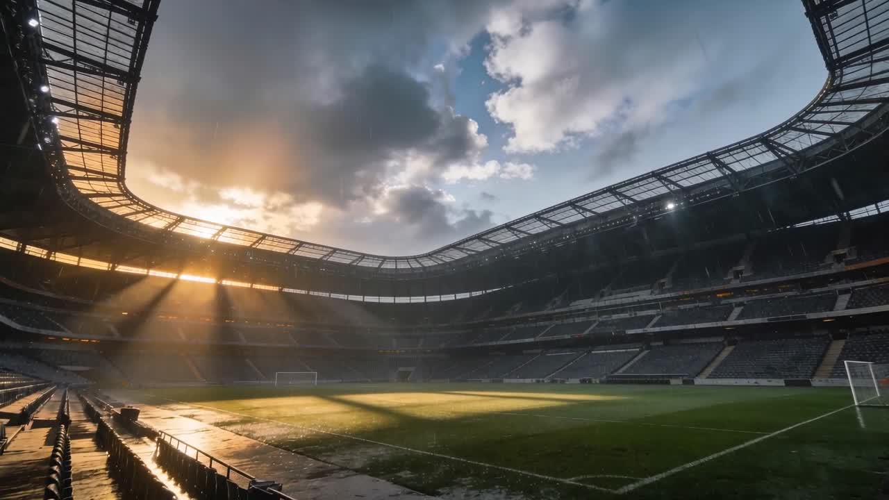 Luce solare che filtra attraverso nuvole in movimento si estende sul campo vuoto dello stadio, rivelando il palo della porta.