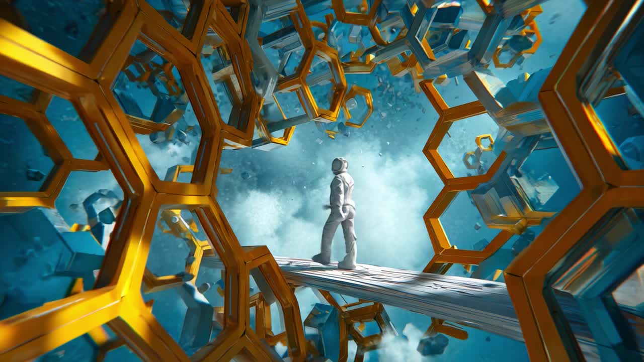 An Astronaut Navigates a Surreal World of Geometric Constructs and Expansive Clouds, Exploring an Intricate Universe Full of Wonder and Discovery