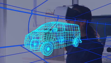 Animation-of-digital-3d-drawing-of-car-over-woman-using-vr-headset