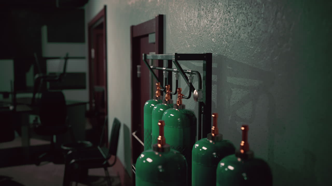 Bombole di gas verdi in ambiente industriale.