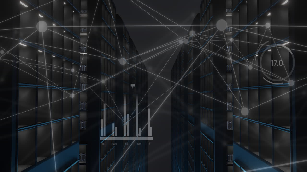 Animation of network of connections and data processing over computer servers