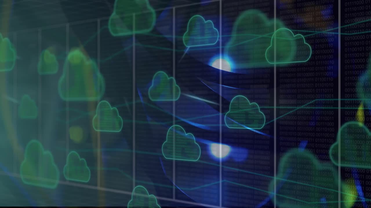 Animation of clouds and grid over dark blue background