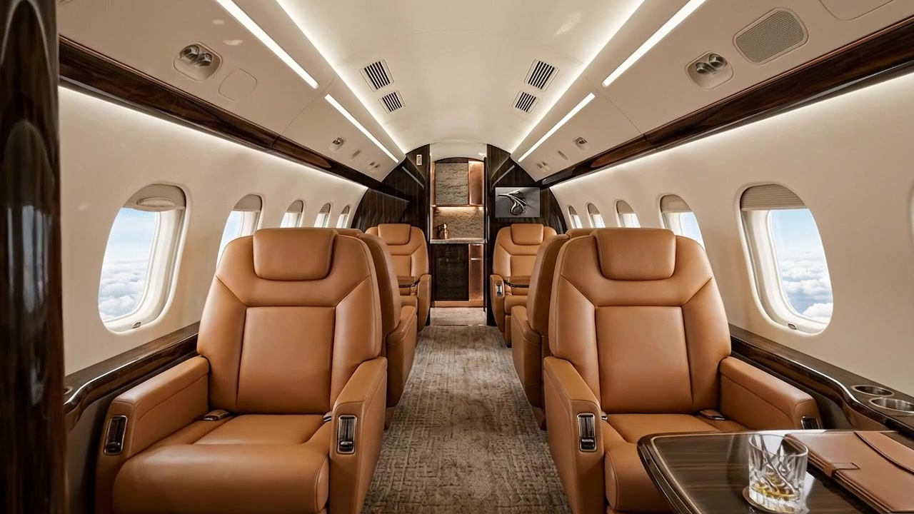 Interno di lussuoso aereo privato che mostra il design di una cabina premium per viaggi d'affari