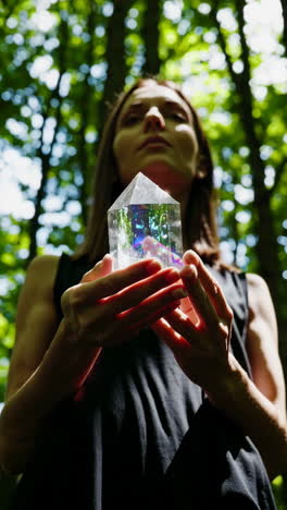 woman holding a crystal prism in a forest