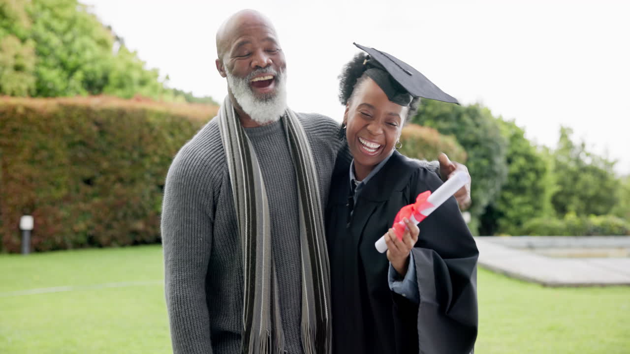 Black woman, graduation and hug happy father