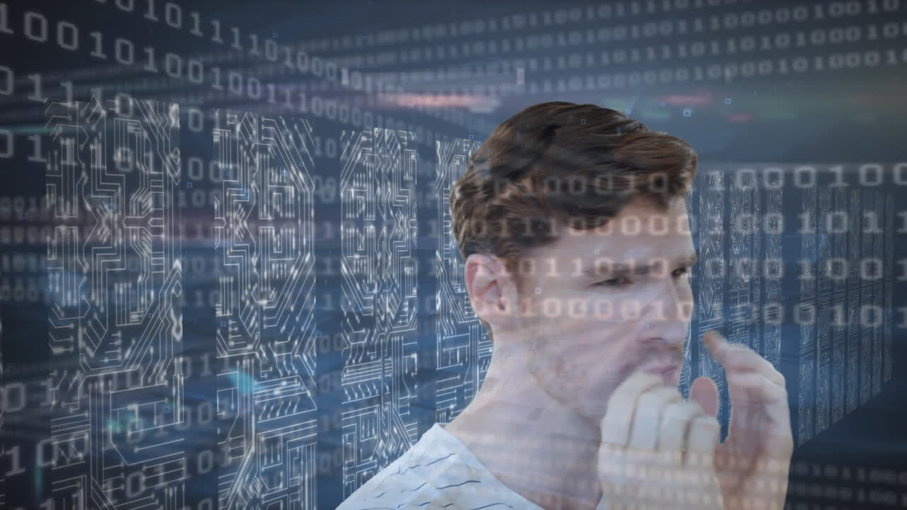 el hombre ansioso ve datos y servidores, que simbolizan la economía global y la tecnología.