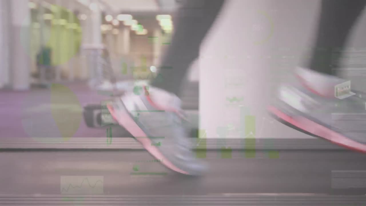 Animation of network of connections and data processing over woman exercising in gym