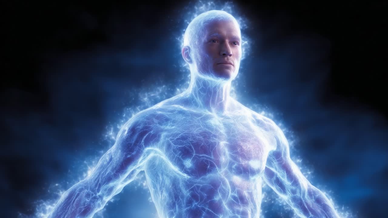 An Ethereal Transformation: A Glowing Human Figure Emanating Energy and Light in a Striking Display of Artistic Digital Creation Representing Power and Vitality