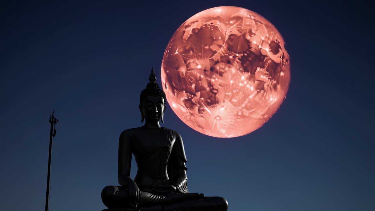 Serene Buddha statue sits in meditation, silhouetted against a large, glowing supermoon. The scene captures a tranquil evening with spiritual and celestial harmony