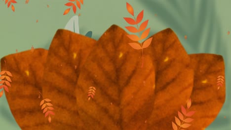 Animation-of-autumn-orange-leaves-and-pattern-on-green-background