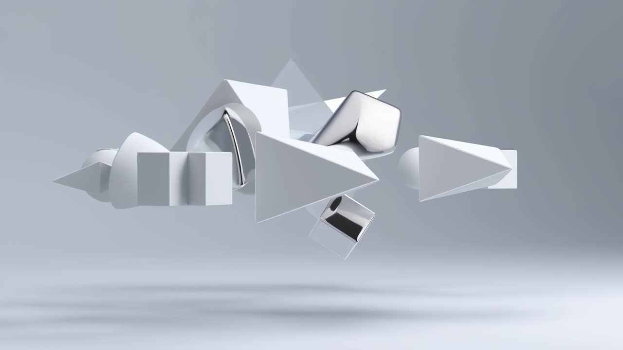 Dynamisk animation med hvide og sølvfarvede geometriske former