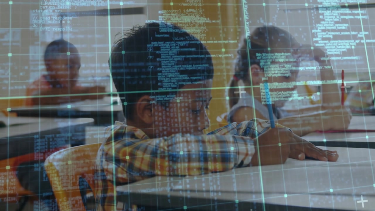 Students writing at classroom desks, showcasing education technology with grid overlay and code