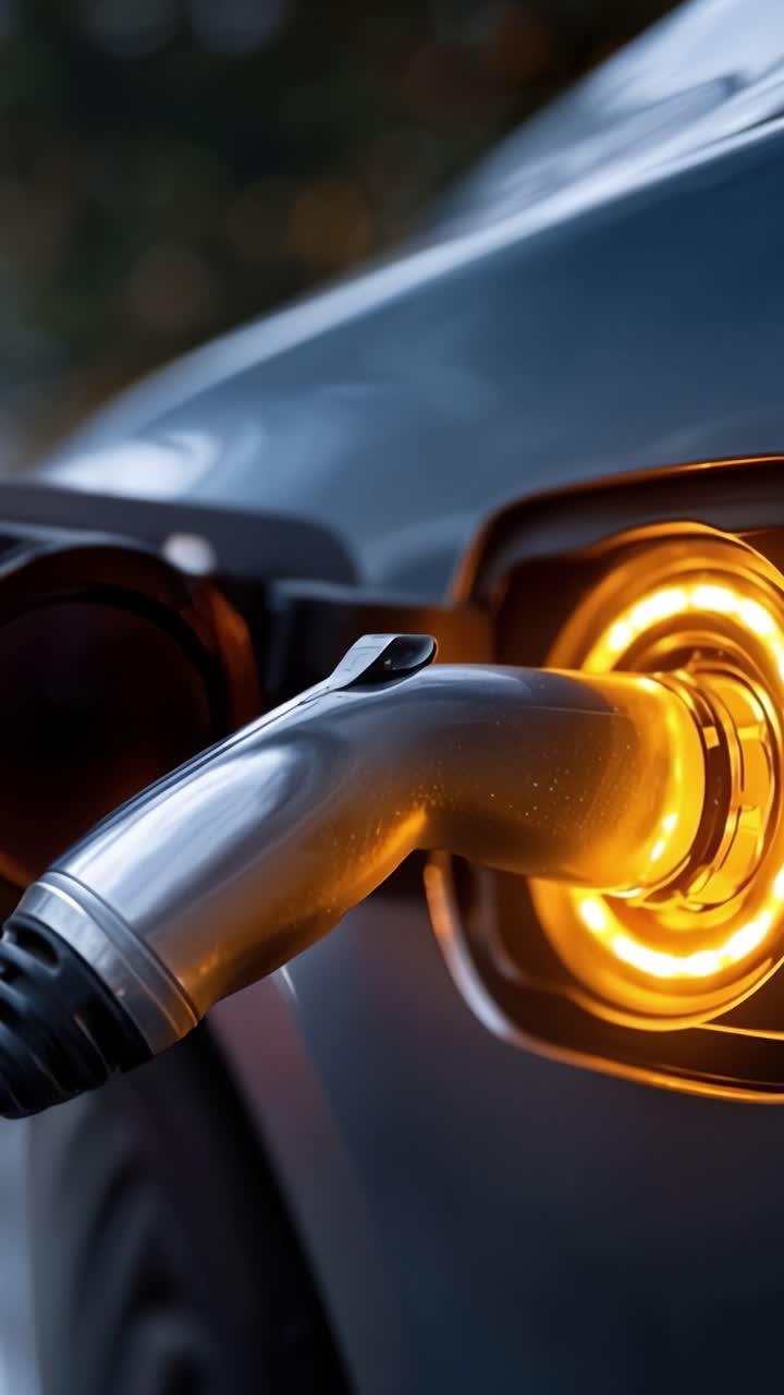 Processo di ricarica del veicolo elettrico: primi piani di una spina EV collegata, che evidenziano le luci indicatrici di carica e l'interfaccia del veicolo