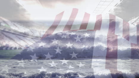 composite video of waving american flag over waves in the sea against sports stadium