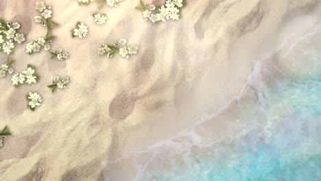 Primer-Plano-De-La-Playa-De-Arena-Con-Olas-Azules-Del-Océano-Y-Flores